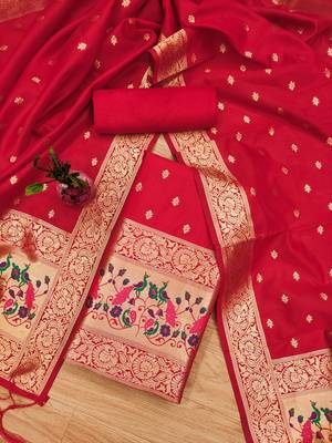 Red floral woven banarasi silk dress material 2