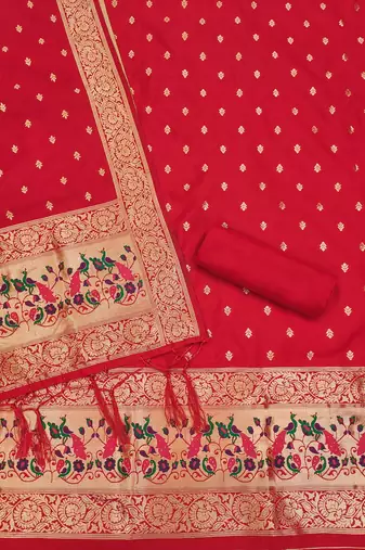 Red floral woven banarasi silk dress material