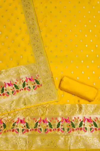 Yellow floral woven banarasi silk dress material