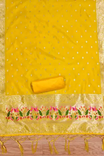 Yellow floral woven banarasi silk dress material