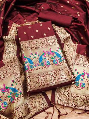 Maroon floral woven banarasi silk dress material 1