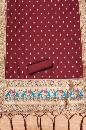 Maroon floral woven banarasi silk dress material
