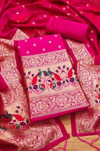 Rani pink floral woven banarasi silk dress material
