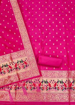 Rani pink floral woven banarasi silk dress material 3