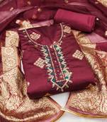 Maroon color hand work work simmer banarasi unstitched chudidar dress material 