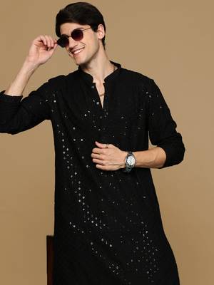Sanwara black shimmering elegance men's chikankari kurta with sequins 1