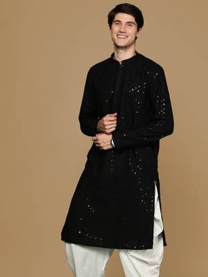 Sanwara black shimmering elegance men's chikankari kurta with sequins 2
