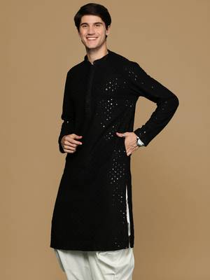 Sanwara black shimmering elegance men's chikankari kurta with sequins 3