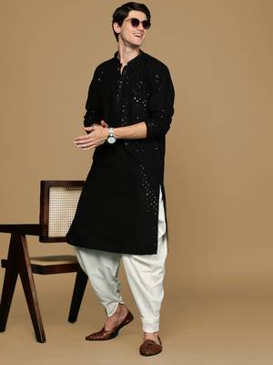 Sanwara black shimmering elegance men's chikankari kurta with sequins 5