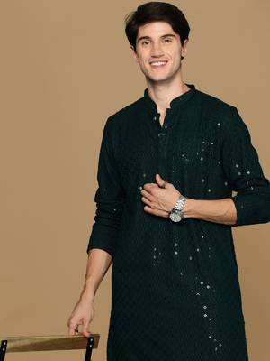 Sanwara deep green shimmering elegance men's chikankari kurta with sequins 1