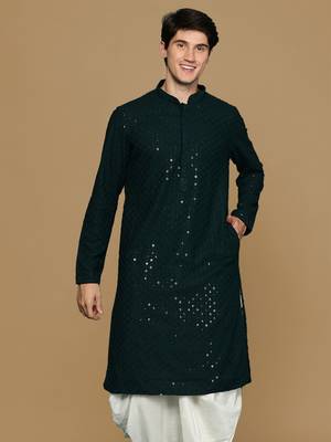 Sanwara deep green shimmering elegance men's chikankari kurta with sequins 2