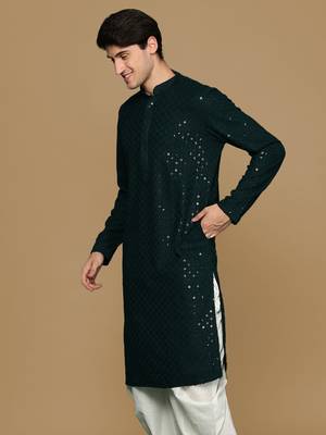 Sanwara deep green shimmering elegance men's chikankari kurta with sequins 3