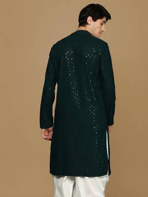 Sanwara deep green shimmering elegance men's chikankari kurta with sequins 4