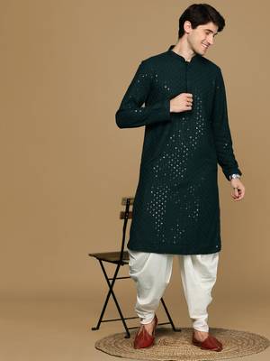Sanwara deep green shimmering elegance men's chikankari kurta with sequins 5