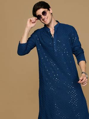 Sanwara firozi shimmering elegance men's chikankari kurta with sequins 1
