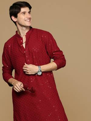 Red Cotton Sequin Work Men's Kurta 1