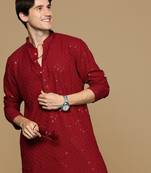 Red Cotton Sequin Work Men's Kurta