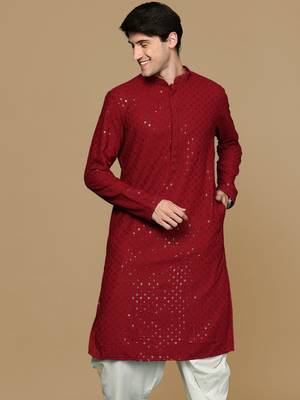 Red Cotton Sequin Work Men's Kurta 2