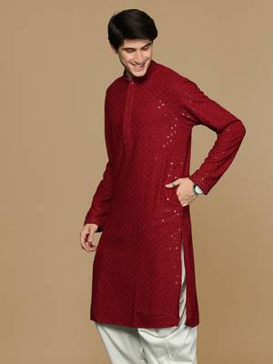 Red Cotton Sequin Work Men's Kurta 3