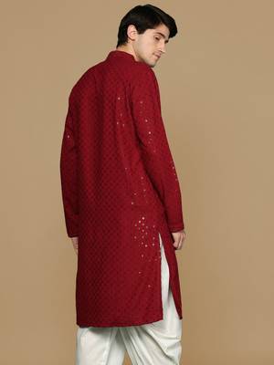 Red Cotton Sequin Work Men's Kurta 4