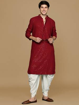 Red Cotton Sequin Work Men's Kurta 5