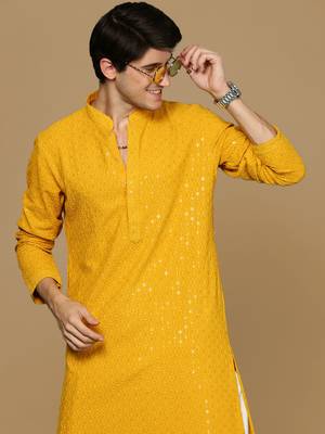 Mustard Yellow Cotton Sequin Embroidered Kurta 1
