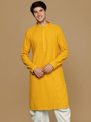 Mustard Yellow Cotton Sequin Embroidered Kurta 2