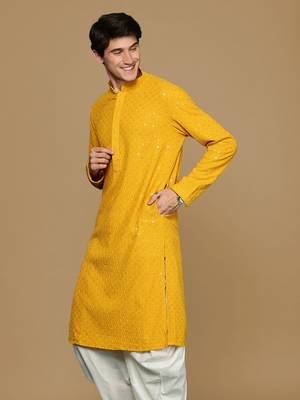 Mustard Yellow Cotton Sequin Embroidered Kurta 3