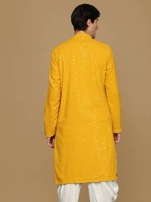 Mustard Yellow Cotton Sequin Embroidered Kurta 4