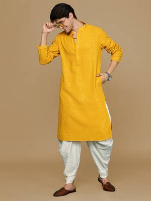 Mustard Yellow Cotton Sequin Embroidered Kurta 5