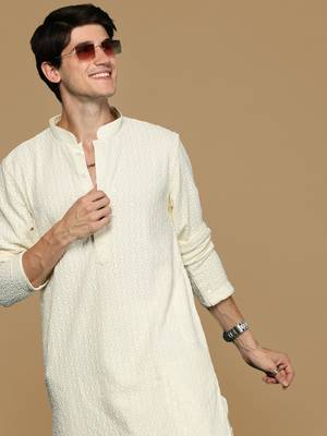 Sanwara off white shimmering elegance men's chikankari kurta with sequins 1