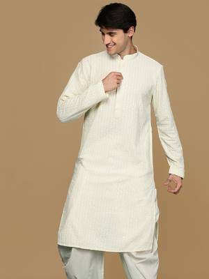 Sanwara off white shimmering elegance men's chikankari kurta with sequins 2