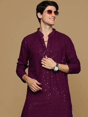 Sanwara purple shimmering elegance men's chikankari kurta with sequins 1