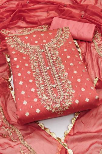 Peach color weaving work modal cotton unstitched chudidar dress material - mrfc11369c