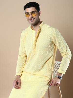 Sanwara Fashions Light Yellow Cotton Chikankari Kurta Set for Men 1