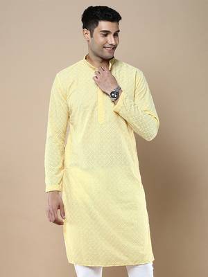 Sanwara Fashions Light Yellow Cotton Chikankari Kurta Set for Men 2