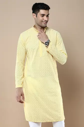 Sanwara Fashions Light Yellow Cotton Chikankari Kurta Set for Men