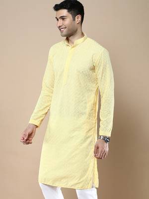 Sanwara Fashions Light Yellow Cotton Chikankari Kurta Set for Men 3