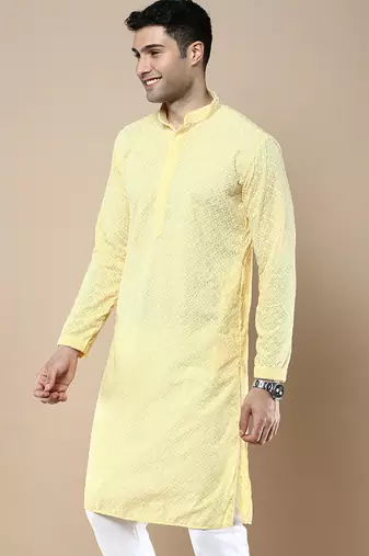 Sanwara Fashions Light Yellow Cotton Chikankari Kurta Set for Men