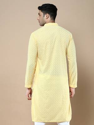 Sanwara Fashions Light Yellow Cotton Chikankari Kurta Set for Men 4