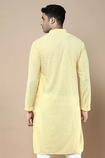 Sanwara Fashions Light Yellow Cotton Chikankari Kurta Set for Men