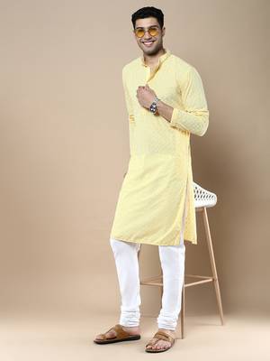 Sanwara Fashions Light Yellow Cotton Chikankari Kurta Set for Men 5