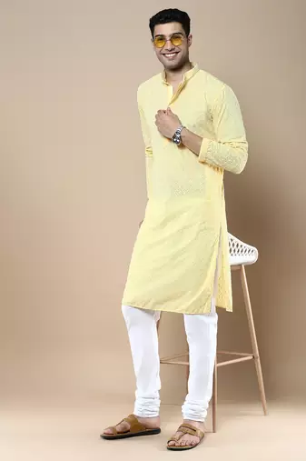 Sanwara Fashions Light Yellow Cotton Chikankari Kurta Set for Men