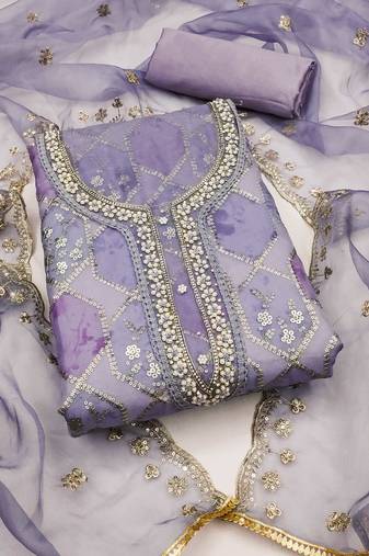Lavender color sequence work oragnza unstitched chudidar dress material - mrfc11373a