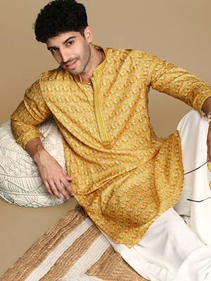Unleash your style with men's mustard jaquard designer kurta by sanwara 1