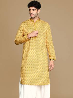 Unleash your style with men's mustard jaquard designer kurta by sanwara 2