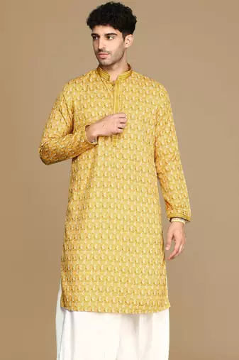 Unleash your style with men's mustard jaquard designer kurta by sanwara