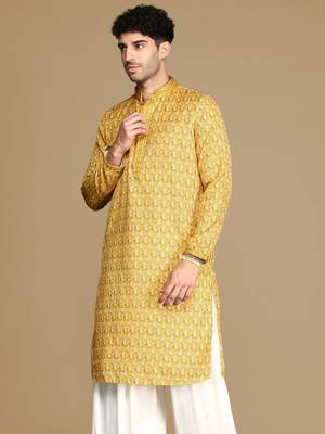 Unleash your style with men's mustard jaquard designer kurta by sanwara 3