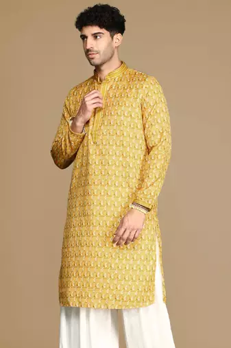 Unleash your style with men's mustard jaquard designer kurta by sanwara