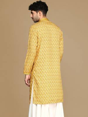 Unleash your style with men's mustard jaquard designer kurta by sanwara 4